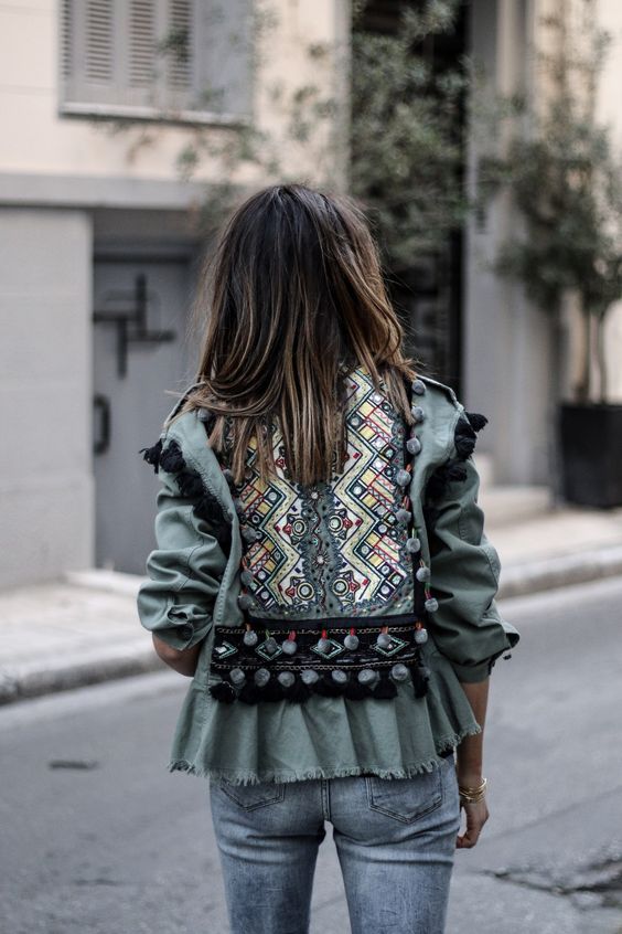 Denim jacket with ruffled embroidered back