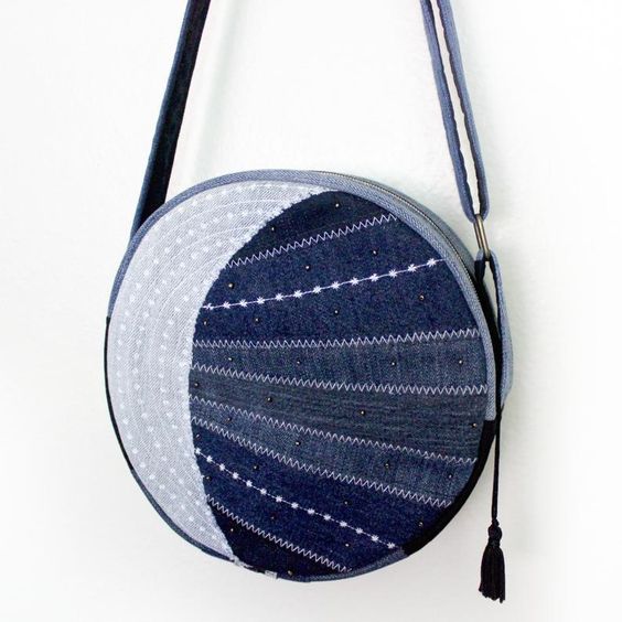 Round upcycled denim bag