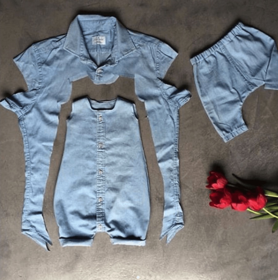 Baby jumpsuit cut from a shirt