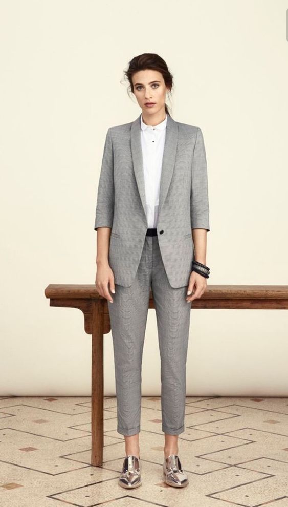 Women's light grey hemmed suit