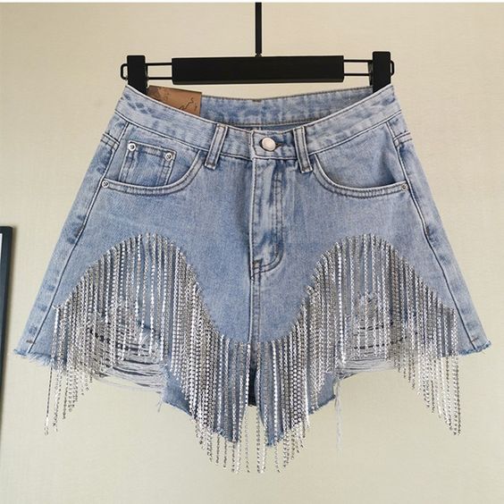 Denim shorts with beaded fringes
