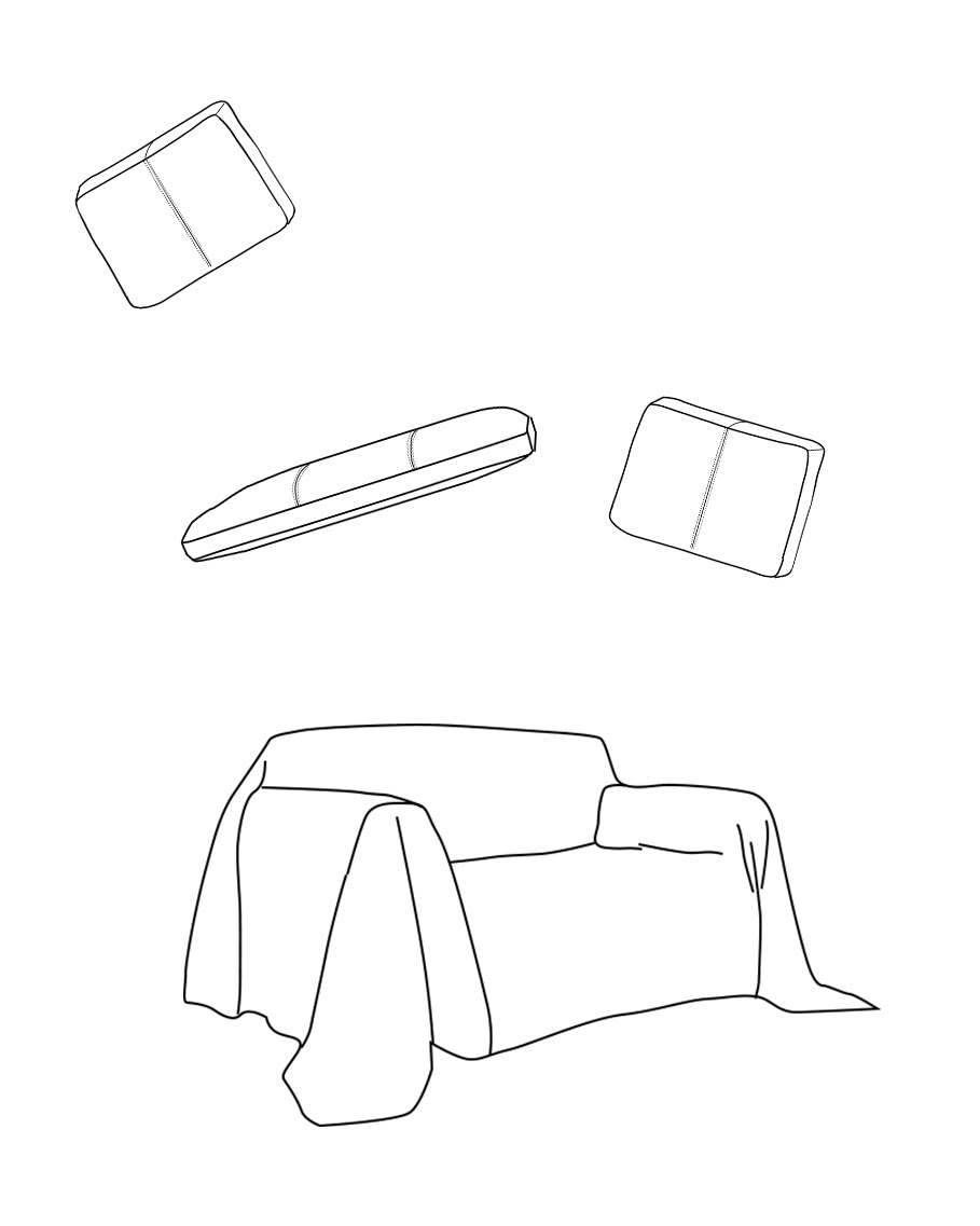 Drawing of the different parts of a sofa