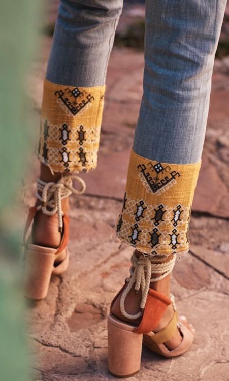 Jeans bottoms with a coloured fabric band addition