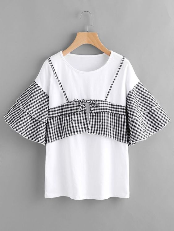 Basic upcycled white T-shirt with gingham checks