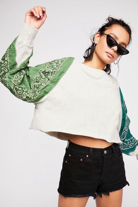 Upcycled jumper with bandana sleeves in light and dark green