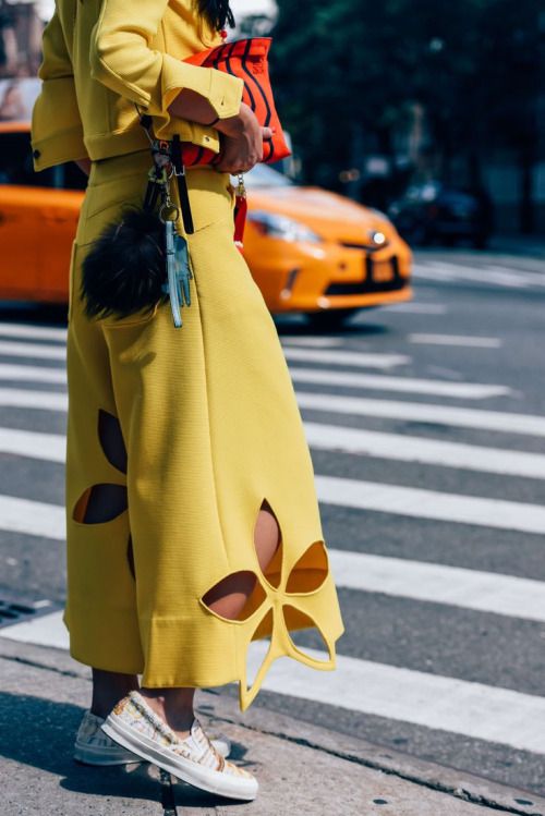 Customised yellow Trousers with large flower embroidery anglaise