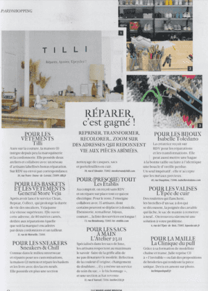 TILLI recognized by Madame Figaro as a must for fashion repairs in 2024, alongside VEJA and L'Atelier 23/11 Paris. Discover our repair solutions to extend the life of clothes and adopt sustainable fashion.