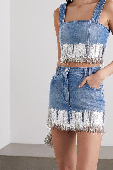 Crop-top and mini skirt with shiny sequin fringes