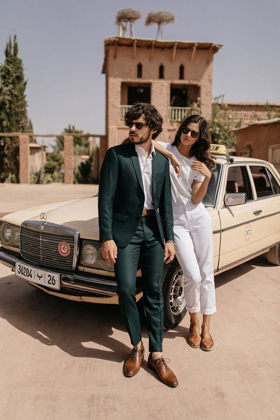 Couple wearing Trousers with tight, short hems