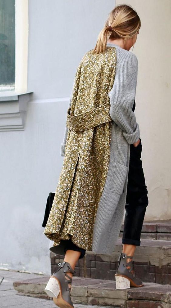 Long cardigan with contrasting back in a different material