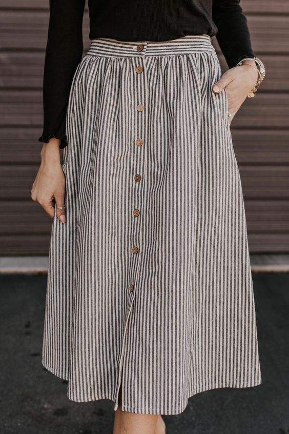 White and blue striped pencil skirt with front button opening