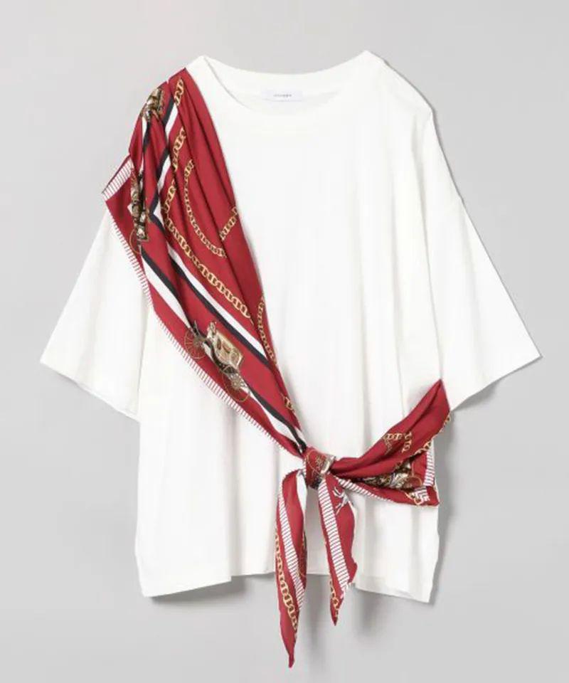Oversized T-shirt upcycled with a mottled red silk scarf